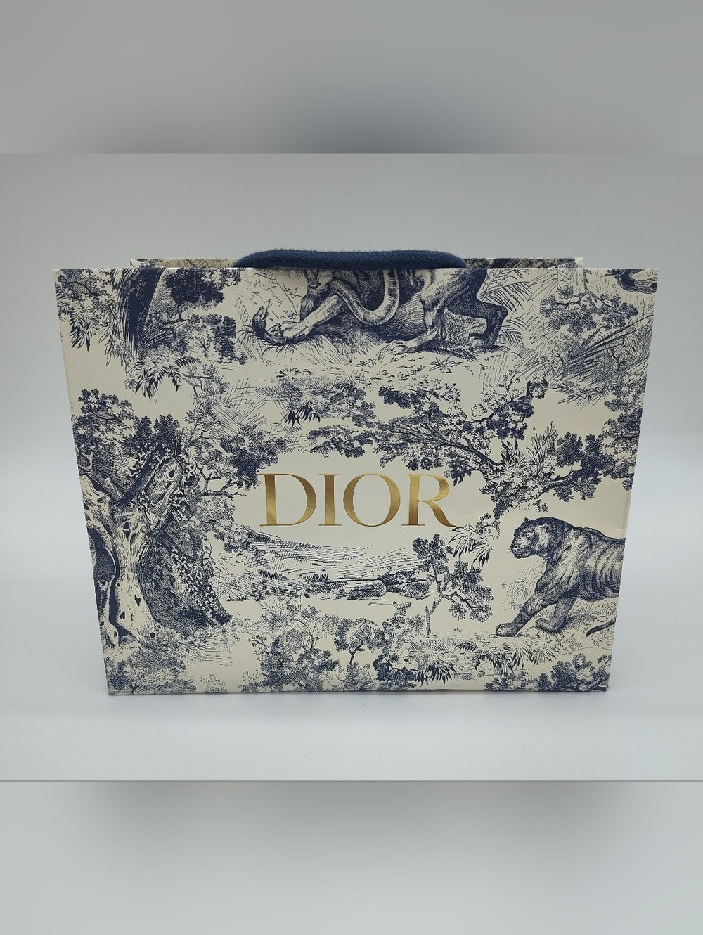 DIOR Toile Jungle Navy Gift Bag Gold Logo Boutique Packaging Tiger Medium EUC